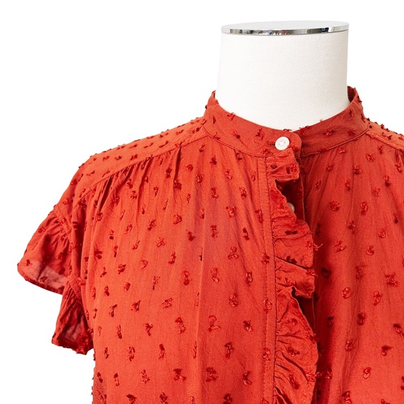 LOFT Ruffle Swiss Dot Button Up Blouse Short Sleeve Burnt Orange Sz S - Picture 7 of 15